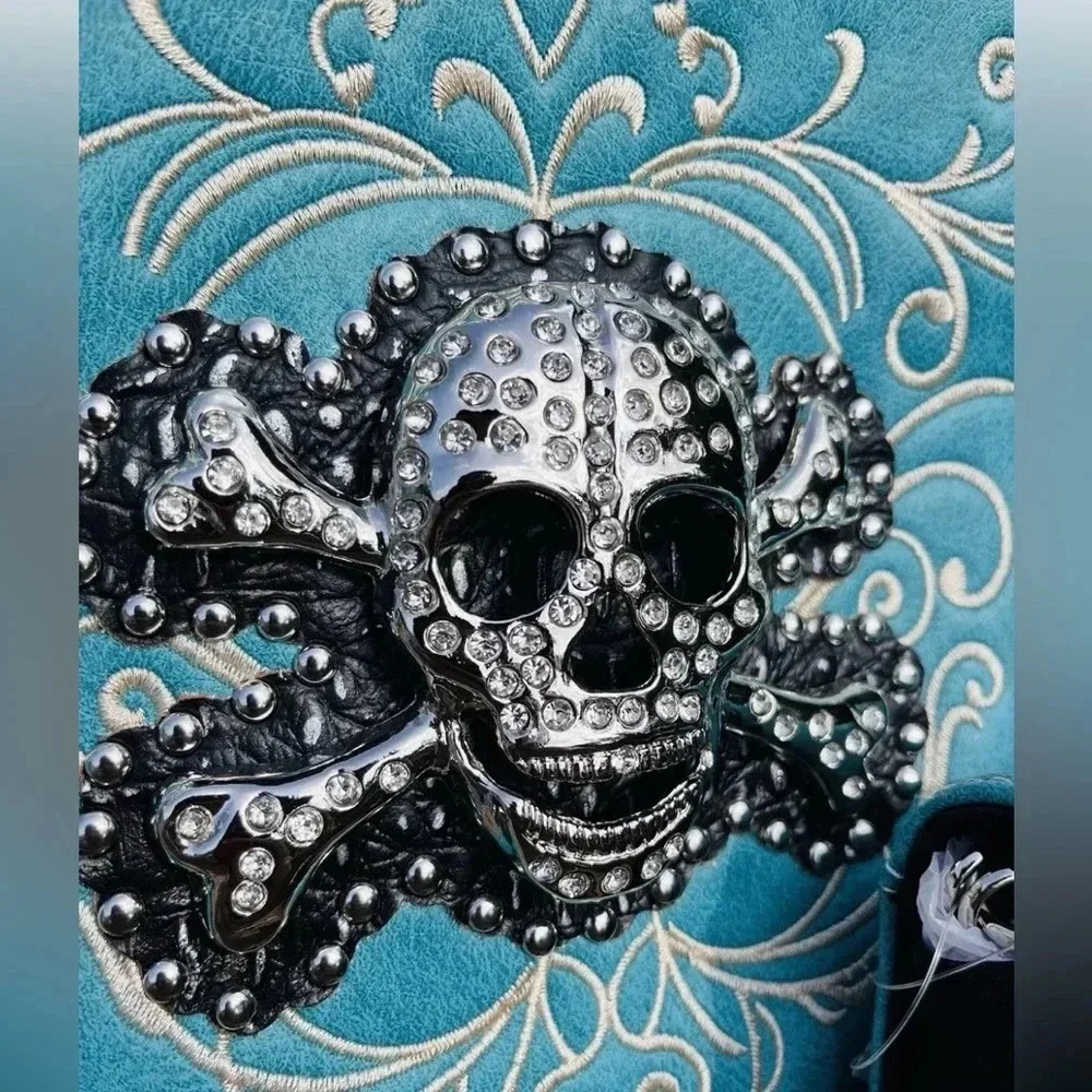 Turquoise Rhinestone Skull Concealed Carry Handbag and Wallet Set Handmade NWT - Picture 4 of 14